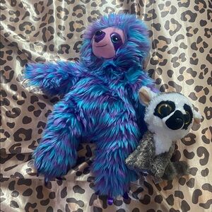 colorful plush sloth + beanie boo lemur set